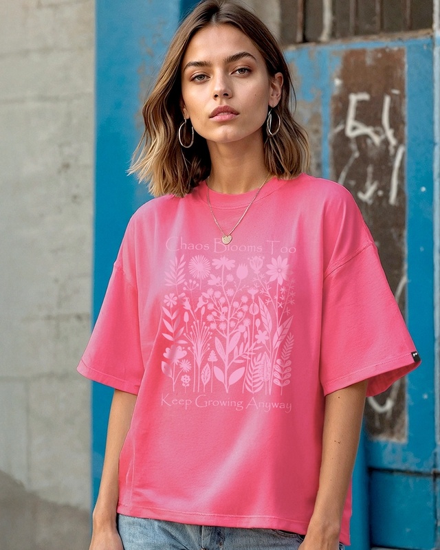 Women's Fandango Pink Chaos Graphic Printed Oversized T-shirt-Front Bewakoof Shop Women's Fandango Pink Chaos Graphic Printed Oversized T-shirt-Front
