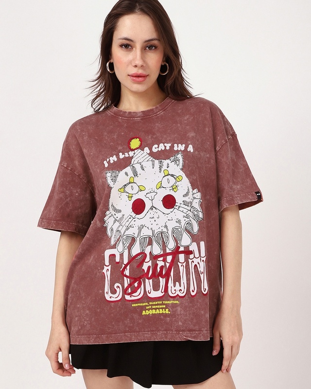 Shop Women's Brick Red Cat Clown Graphic Printed Oversized Acid Wash T-shirt-Front