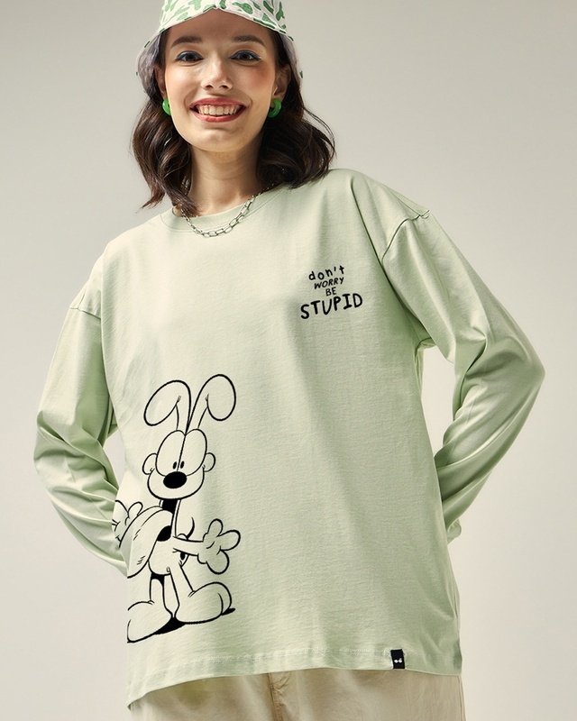 Shop Women's Fog Green Be Stupid Odie Graphic Printed Oversized T-shirt-Front