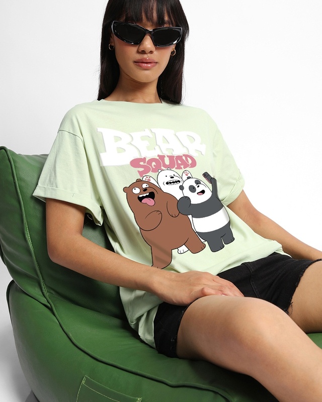 Women's Fog Green Bear Squad Graphic Printed Boyfriend T-shirt