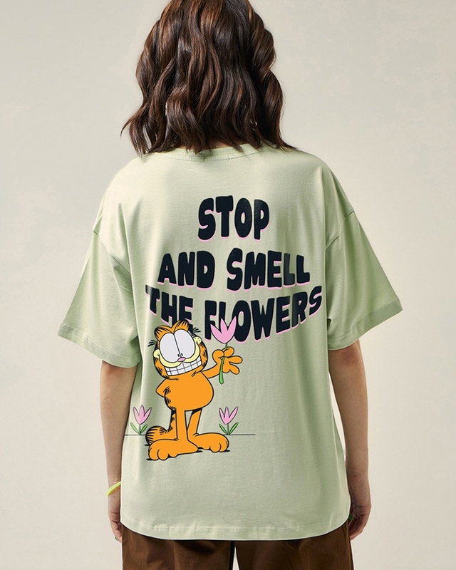 Shop Women's Fog Green Garfields Flowers Graphic Printed Oversized T-shirt-Front