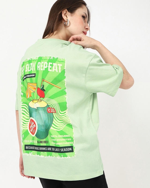 Shop Women's Fog Green Sipslay Repeat Graphic Printed Oversized T-shirt-Front
