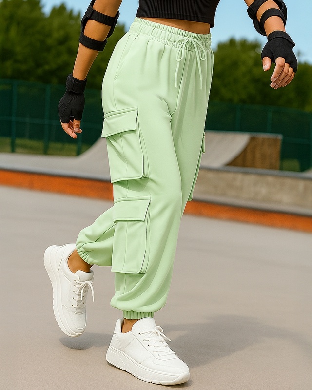 Shop Women's Fog Green Super Loose Fit Cargo Joggers-Front