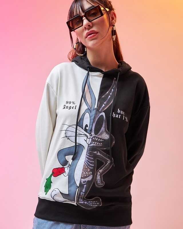 Shop Women's Gardenia & Black Bugs Anatomy Color Block Oversized Hoodies-Front