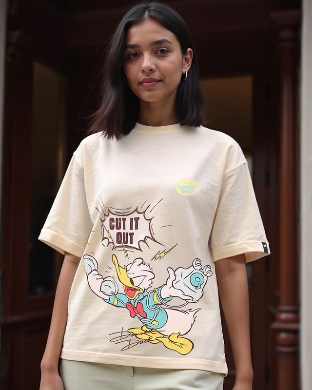 Shop Women's Gardenia Donald Duck Graphic Printed Oversized T-shirt-Front