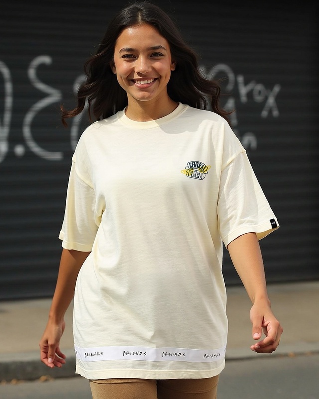 Shop Women's Gardenia Friends Tape Graphic Printed Oversized T-shirt-Front