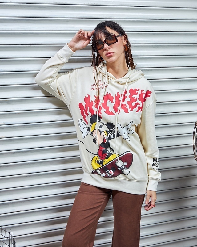 Shop Women's Gardenia Skater Mickey Graphic Printed Oversized Hoodies-Front