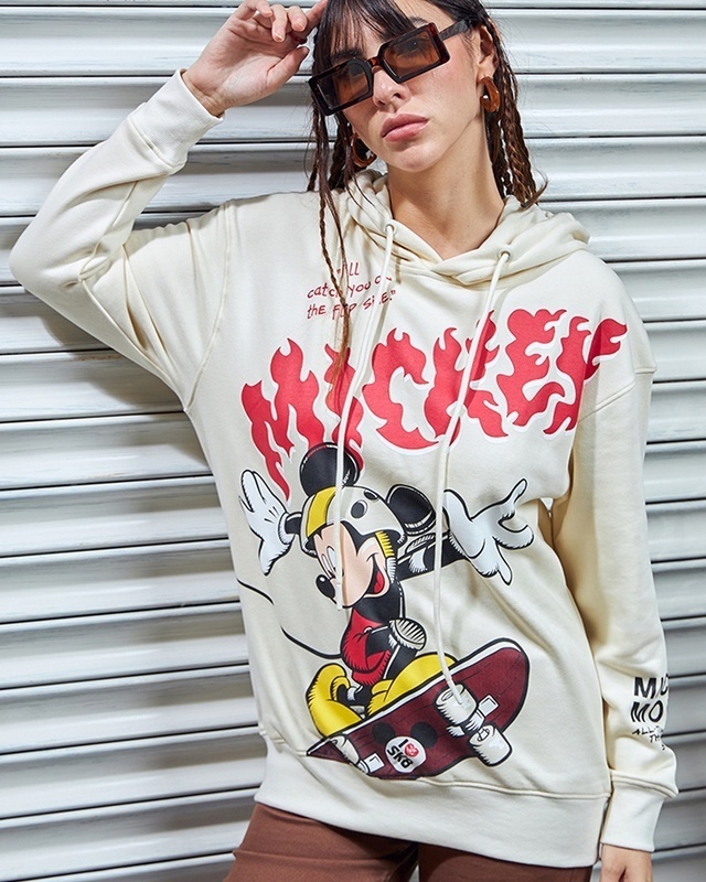 Shop Women's Gardenia Skater Mickey Graphic Printed Oversized Hoodies-Front