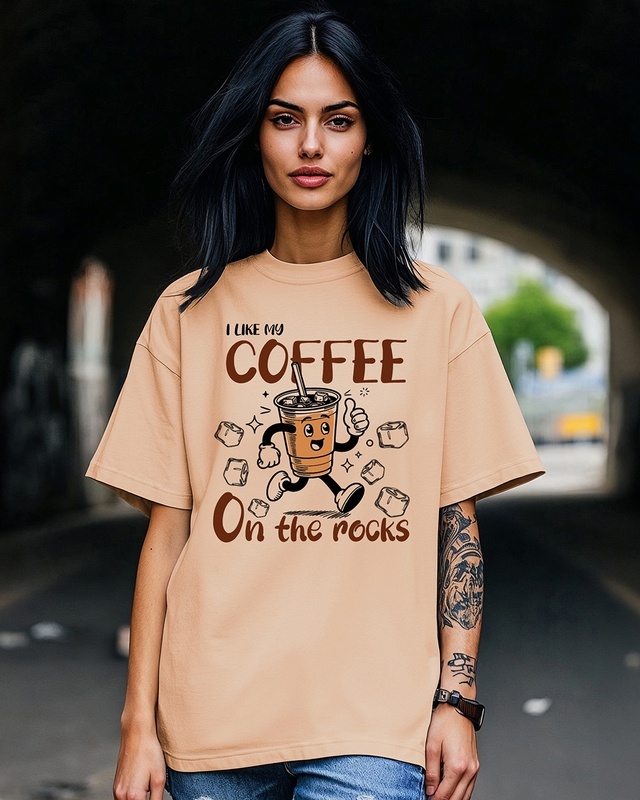 Shop Women's Ginger Root Brown Coffee On The Rocks Graphic Printed Oversized T-shirt-Front