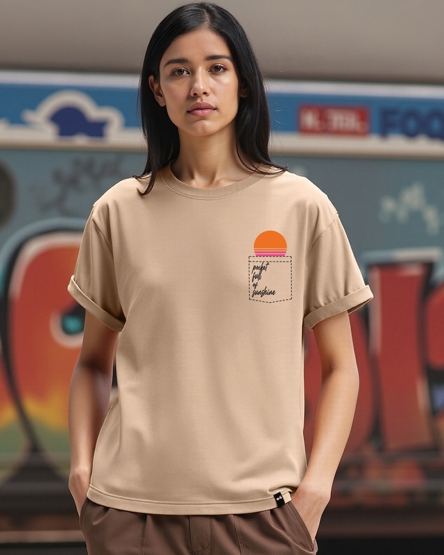 Shop Women's Ginger Root Brown Pocket Shine Graphic Printed Boyfriend T-shirt-Front