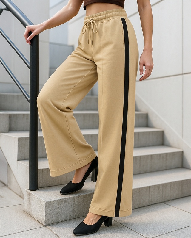 Women's Ginger Root Brown Straight Fit Flared Track Pants-Front Bewakoof Shop Women's Ginger Root Brown Straight Fit Flared Track Pants-Front