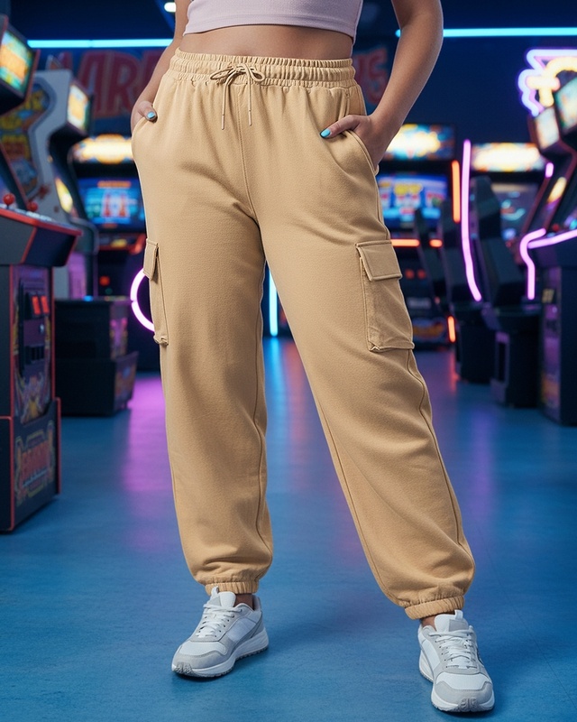 Shop Women's Ginger Root Brown Super Loose Fit Plus Size Cargo Joggers-Front