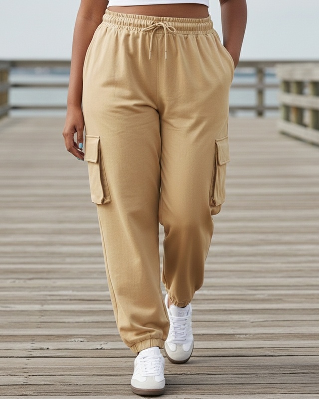 Women's Ginger Root Brown Super Loose Fit Plus Size Cargo Joggers-Front Bewakoof Shop Women's Ginger Root Brown Super Loose Fit Plus Size Cargo Joggers-Front