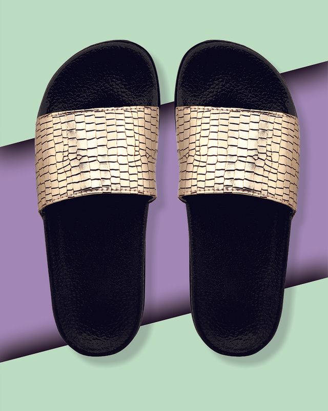 Shop Women's Gold Self Design Sliders-Front