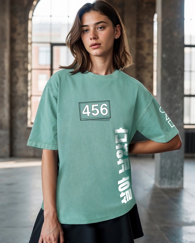 Shop Women's Granite Green Contestants Graphic Printed Oversized Acid Wash T-shirt-Front