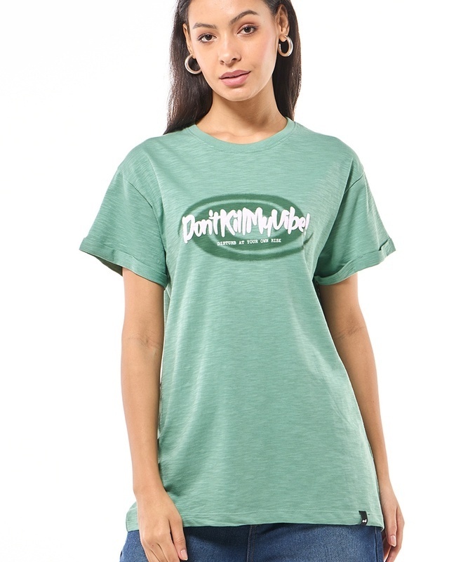 Shop Women's Granite Green Dont Kill My Vibe Typography Boyfriend T-shirt-Front