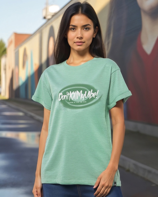 Shop Women's Granite Green Dont Kill My Vibe Typography Boyfriend T-shirt-Front