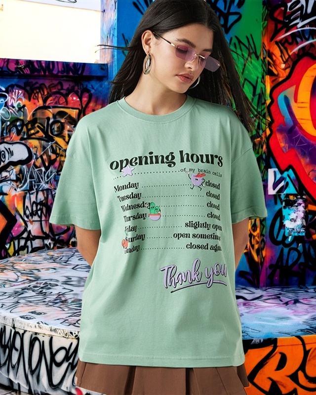 Women's Granite green Opening hours Graphic Printed Oversized T-shirt-Front Bewakoof Shop Women's Granite green Opening hours Graphic Printed Oversized T-shirt-Front