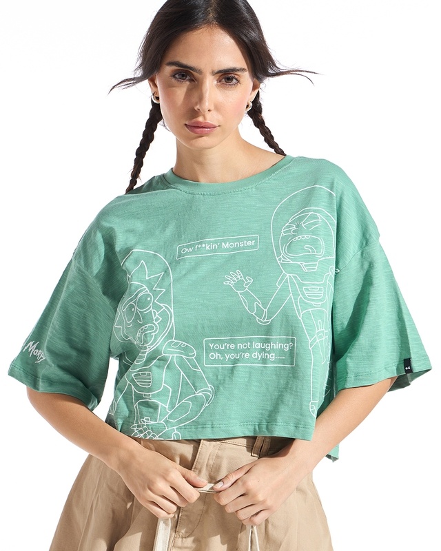 Shop Women's Granite Green Rick N Morty Chats Graphic Printed Oversized Short Top-Front