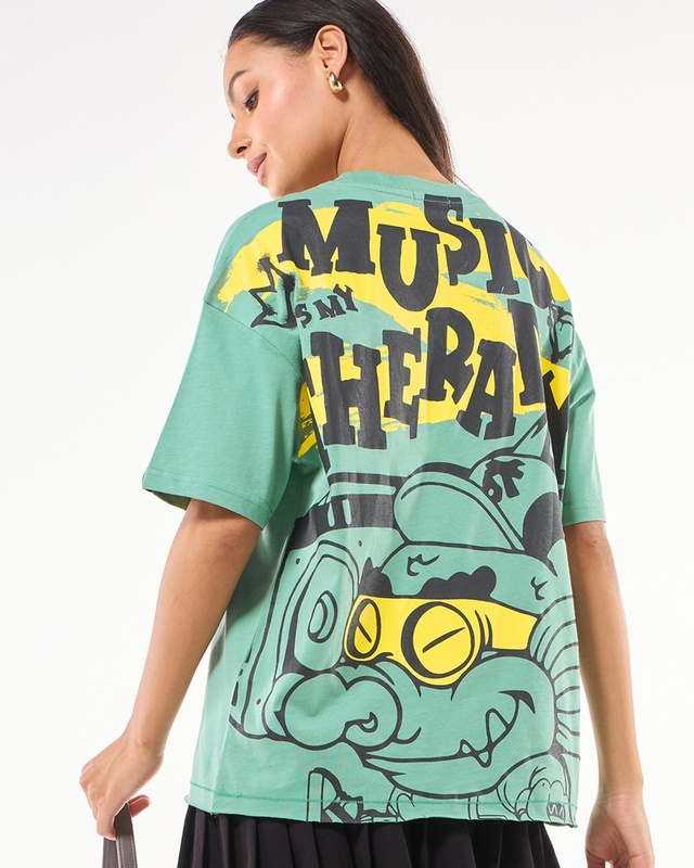 Shop Women's Granite Green Therapy King Graphic Printed Oversized T-shirt-Front