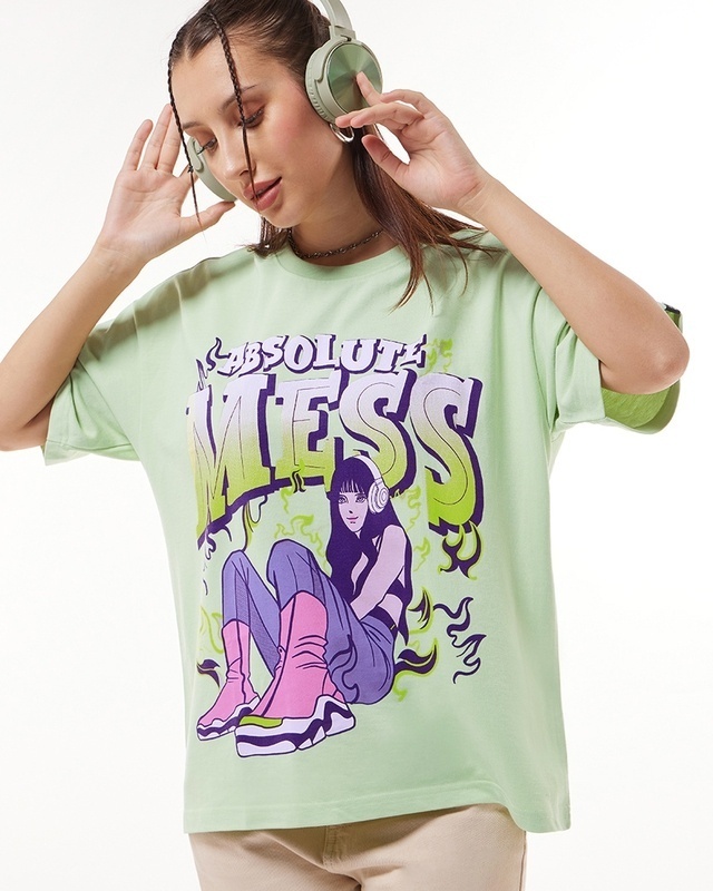 Shop Women's Green Absolute Mess Graphic Printed Oversized T-shirt-Front