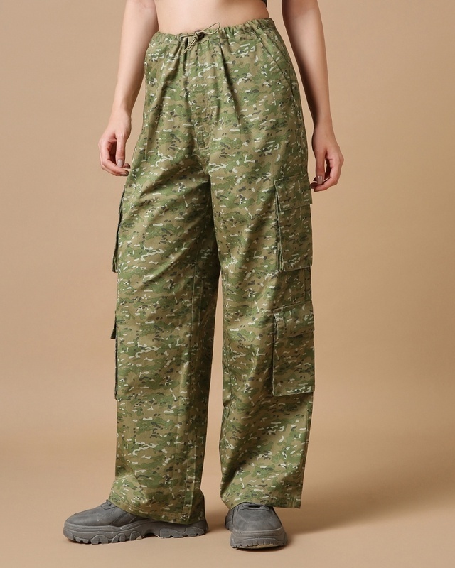 Shop Women's Green All Over Printed Oversized Cargo Parachute Pants-Front