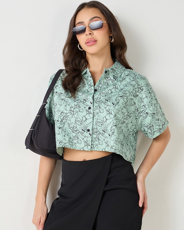 Shop Women's Green All Over Printed Oversized Crop Shirt-Front
