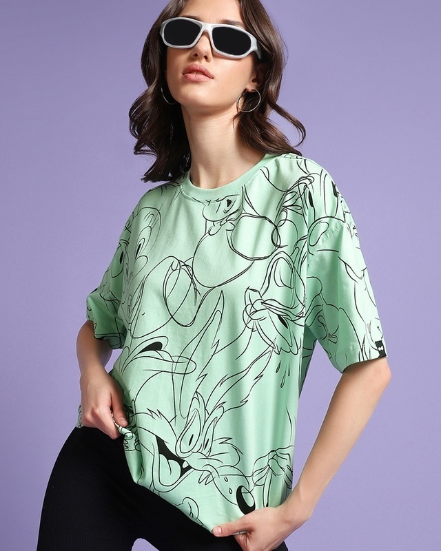 Shop Women's Green All Over Printed Oversized Plus Size T-shirt-Front