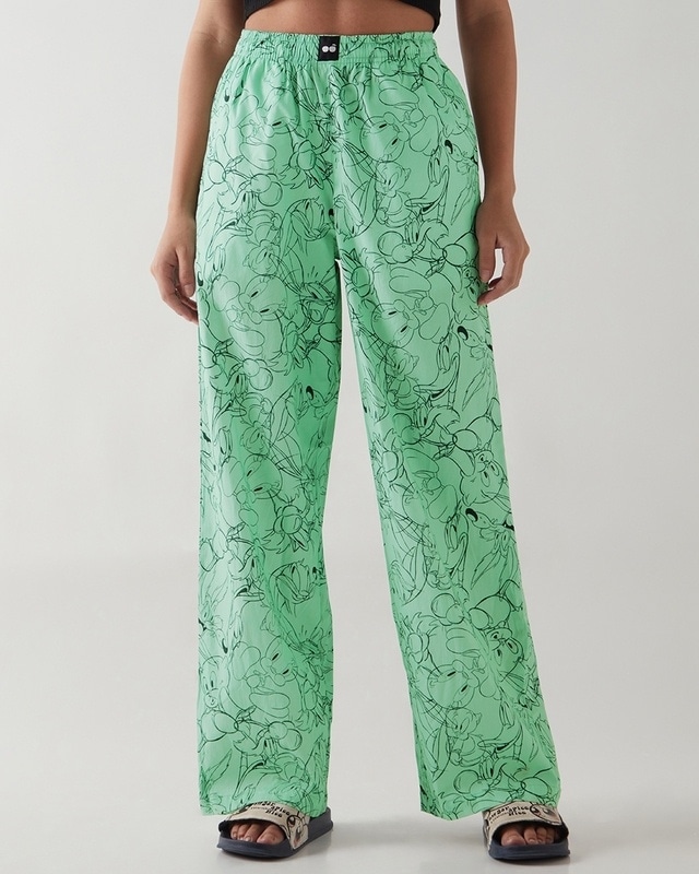 Shop Women's Green All Over Printed Wide Leg Pyjamas-Front