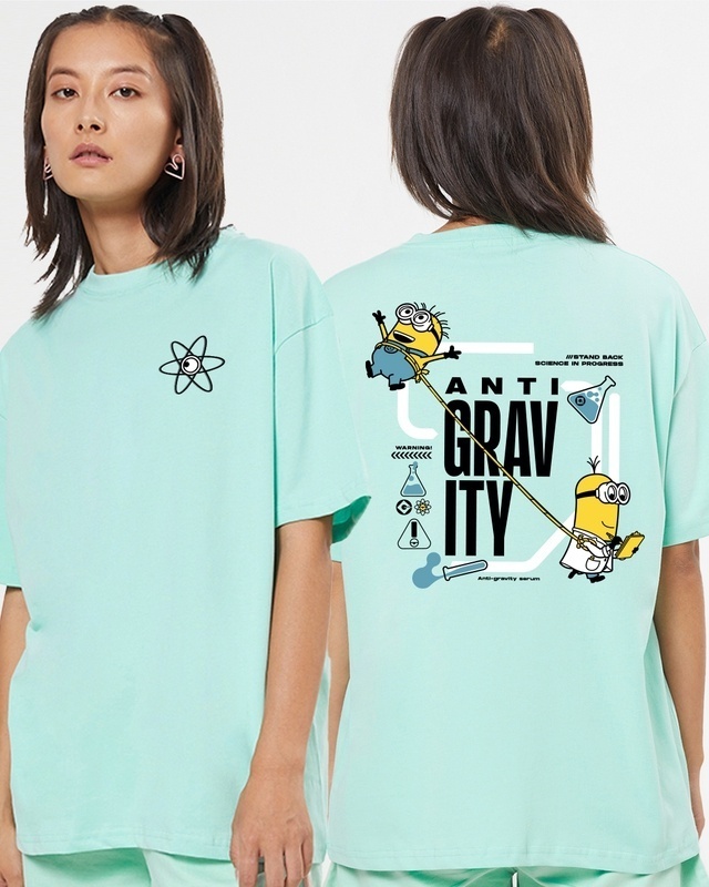 Shop Women's Green Anti Gravity Minion Graphic Printed Oversized T-shirt-Front