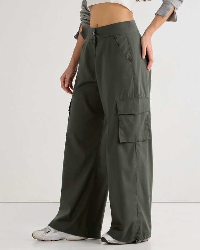 Shop Women's Green Baggy Oversized Cargo Parachute Pants-Front