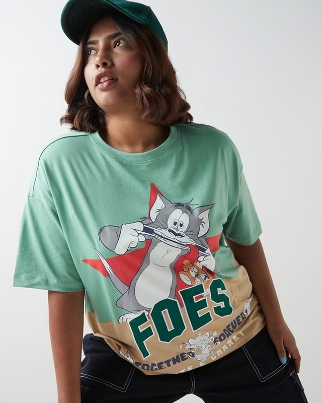 Shop Women's Green & Brown Foes Tom Graphic Printed Oversized Plus Size T-shirt-Front