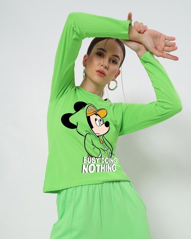 Shop Women's Green Busy Doin Nothing Graphic Printed T-shirt-Front