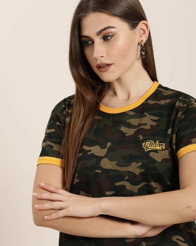 Shop Women's Green Camouflage Relaxed Fit T-shirt-Front