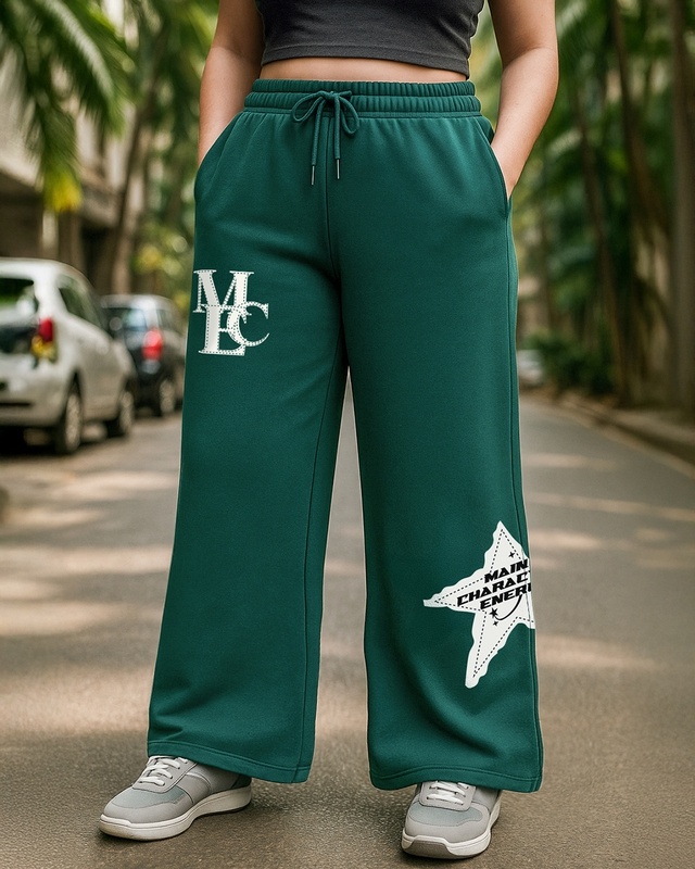 Shop Women's Green Character Energy Printed Straight Fit Plus Size Track Pants-Front