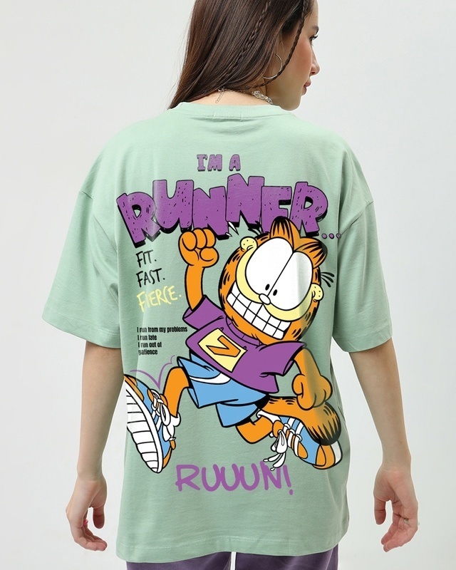 Shop Women's Green Da Runner Graphic Printed Oversized T-shirt-Front