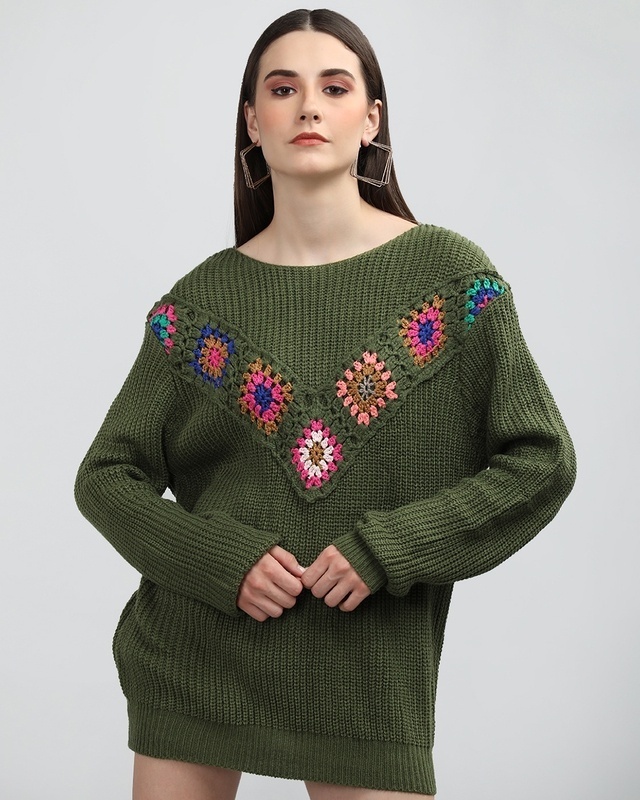 Shop Women's Green Embroidered Loose Fit Crochet Top-Front