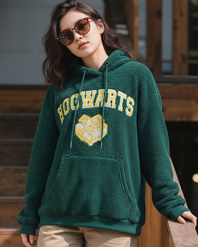 Shop Women's Green Hogwarts Embroidered Oversized Hoodies-Front