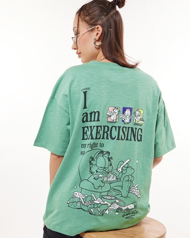 Shop Women's Green Exercising Garfield Graphic Printed Oversized T-shirt-Front
