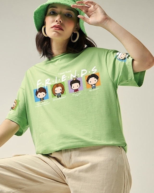 Shop Women's Green Friends Quotes Graphic Printed Oversized T-shirt-Front