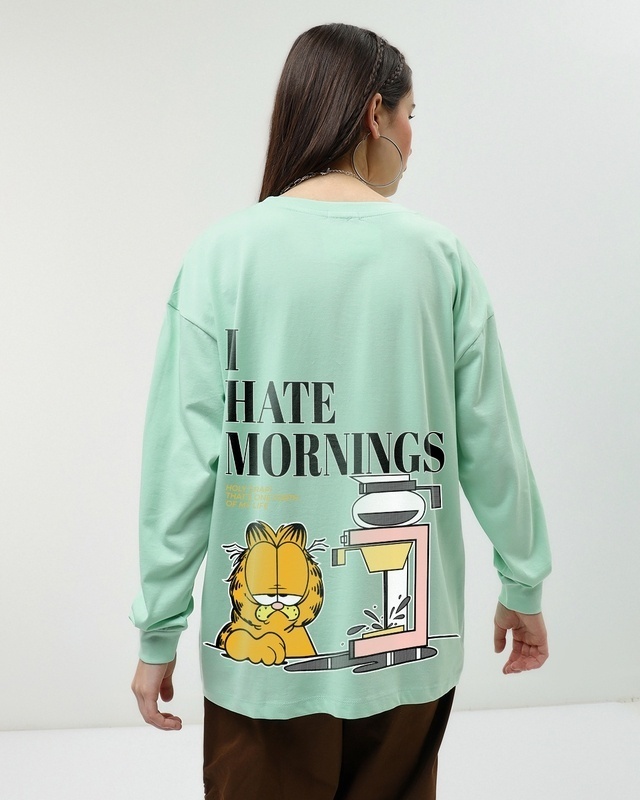 Shop Women's Green Garfield Hates Mornings Graphic Printed Oversized T-shirt-Front