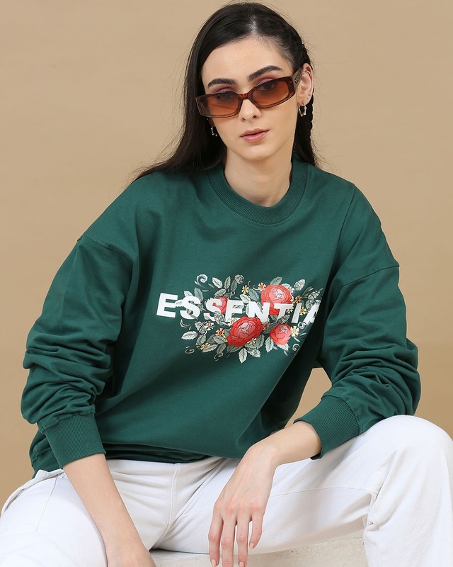 Women's Green Graphic Printed Oversized Sweatshirt