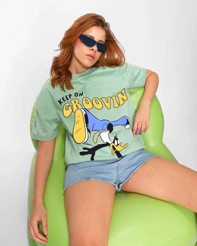 Shop Women's Green Groovin Graphic Printed Oversized T-shirt-Front