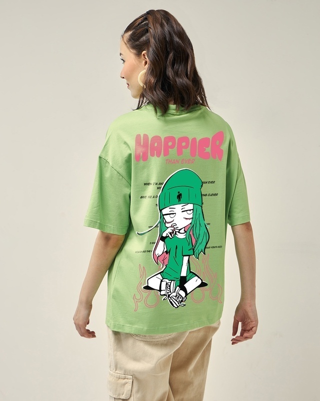 Shop Women's Green Happier Graphic Printed Oversized T-shirt-Front