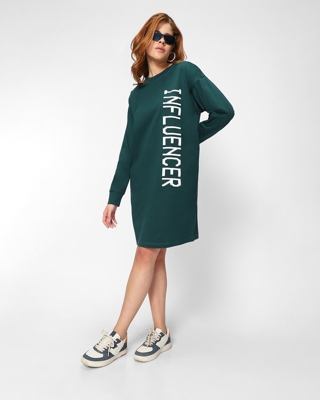 Shop Women's Green Influencer Typography Oversized Dress-Front