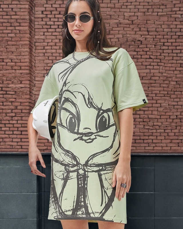 Women's Green Lola Pose Printed Oversized T-Shirt Dress
