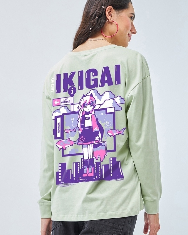 Shop Women's Green Lost Ikigai Graphic Printed Oversized T-shirt-Front