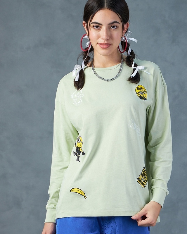 Shop Women's Green Minion Badge Graphic Printed Oversized T-shirt-Front