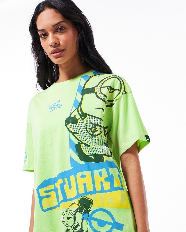 Shop Women's Green Minion Ever Graphic Printed Oversized T-shirt-Front