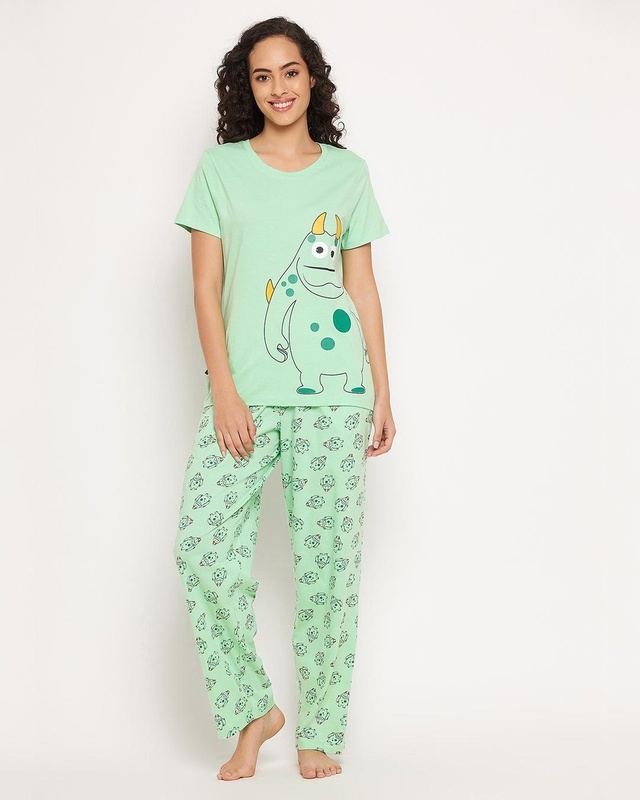 Shop Women's Green Monster Graphic Printed Nightsuit-Front